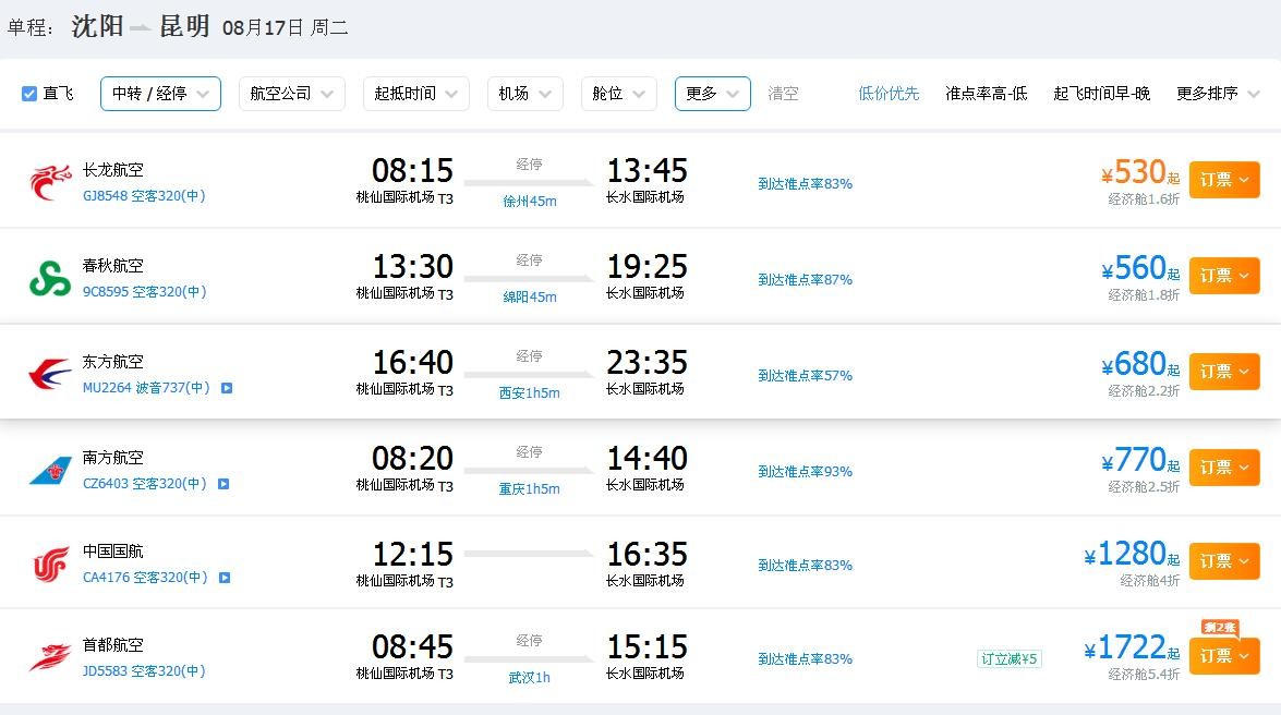 沈阳桃仙机场到云南长水机场飞机票多少钱？