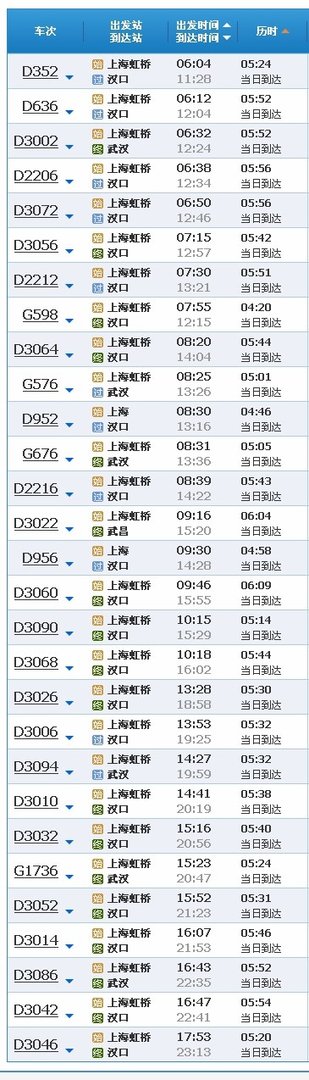 上海到武汉的动车有几趟