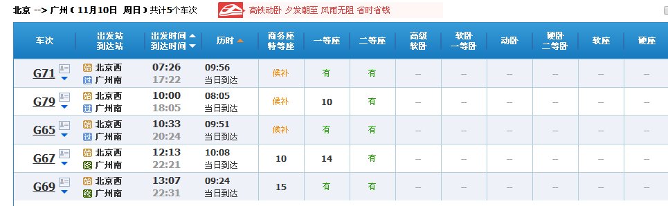 北京西到广州南高铁几小时到？