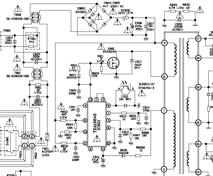 TCL电源模块TDA16846-2P只有11脚有3.3伏电压，其它的没有是什么原因。