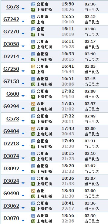合肥到上海动车时刻表