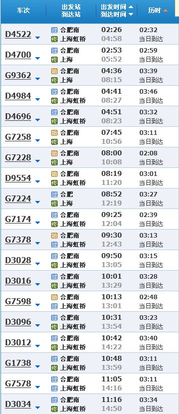 合肥到上海动车时刻表